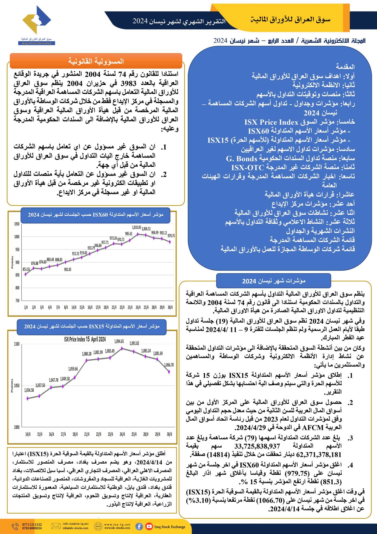 Read more about the article التقرير الشهري والمجلة الالكترونية لسوق العراق للأوراق المالية لشهر نيسان 2024